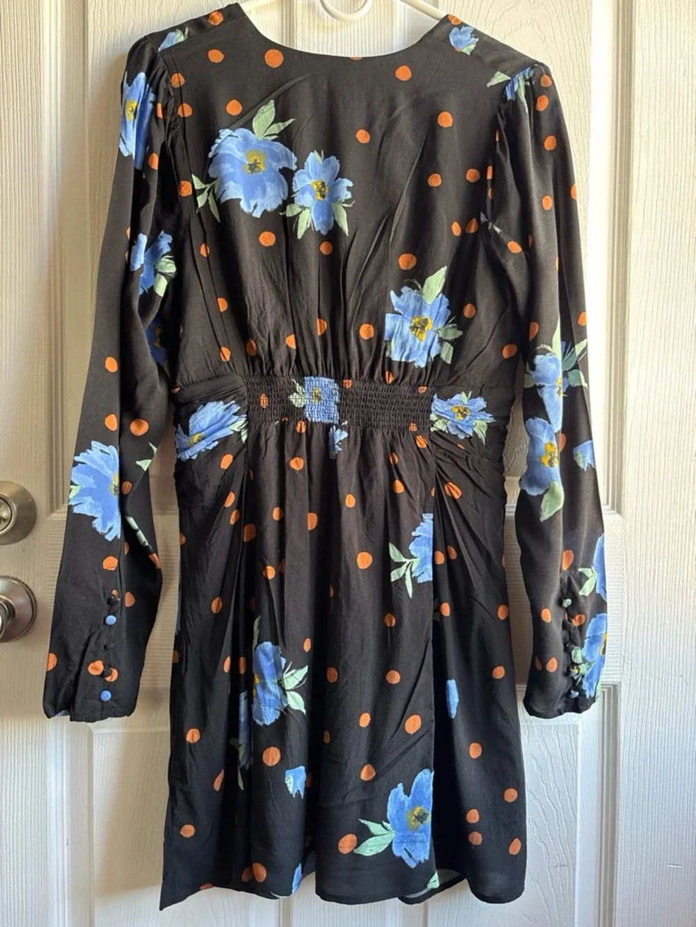 🪴Free People Black/Blue Floral Chiffon V-Neck Puff Sleeve Ruched Mini Dress M